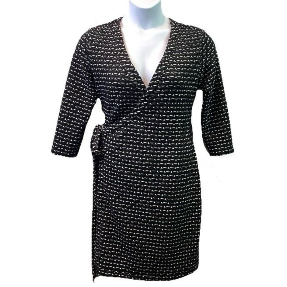 Calvin Klein Womens Wrap Dress V-Neck Black White Stretch Career Cocktail Sz 14
